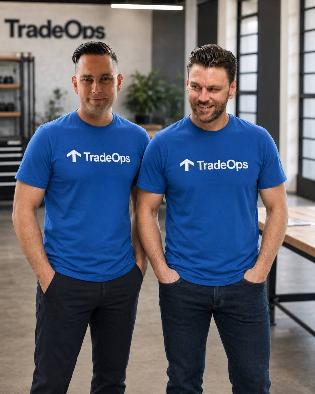 Shervin and Ryan, the TradeOps team, standing in their workshop